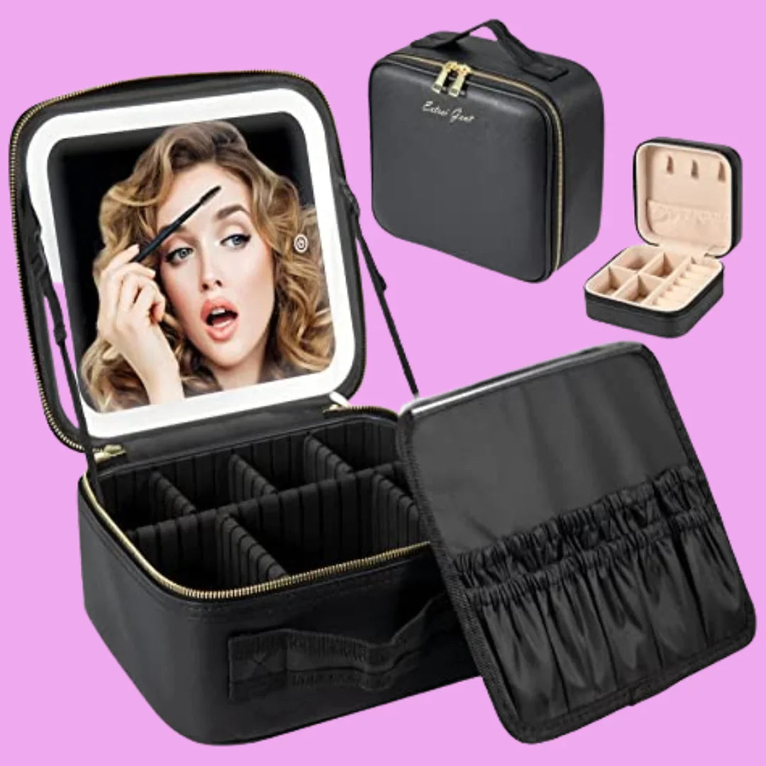 Travel Makeup Bag with LED Mirror & Adjustable Dividers | Portable Cosmetic Organizer