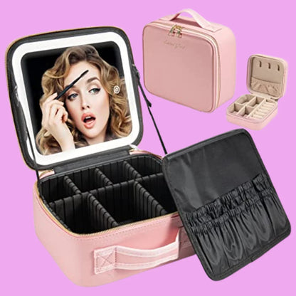 Travel Makeup Bag with LED Mirror & Adjustable Dividers | Portable Cosmetic Organizer