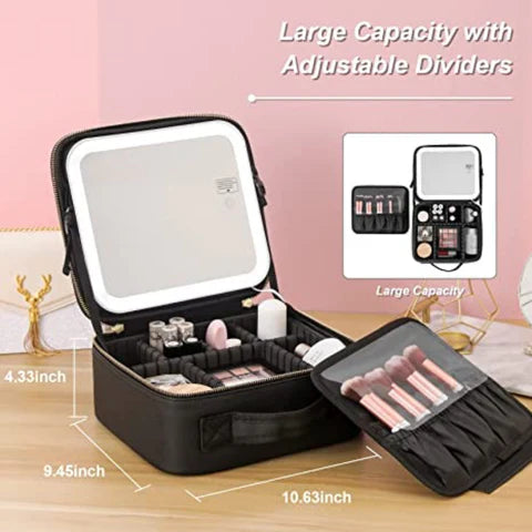 Travel Makeup Bag with LED Mirror & Adjustable Dividers | Portable Cosmetic Organizer